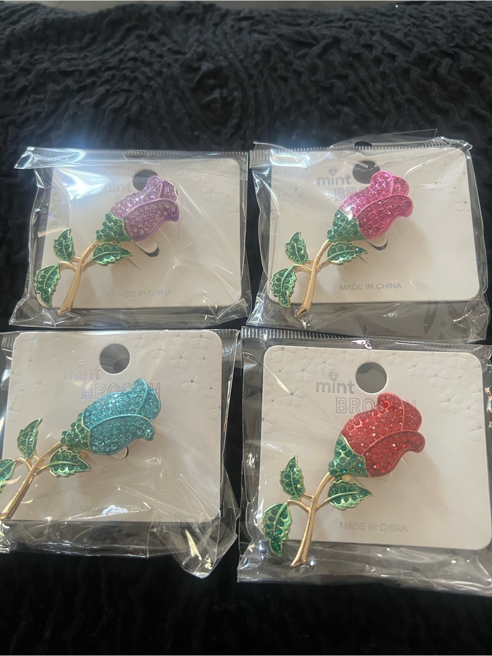 Mint Sparkling Rose Brooches - Red, Pink, Purple, Blue bundle.